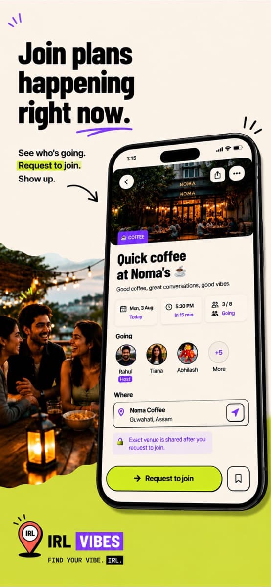 IRL Vibes event page for a coffee meetup with host, time, guests, and location