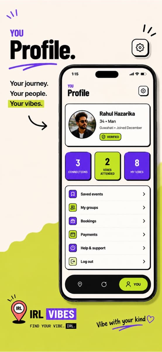 IRL Vibes verified profile showing connections and attended Vibes